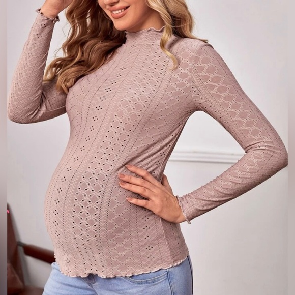 Maternity Medium Mock Neck Lettuce Trim Pointelle Knit Shirt Long Sleeve Shirts - Picture 2 of 9